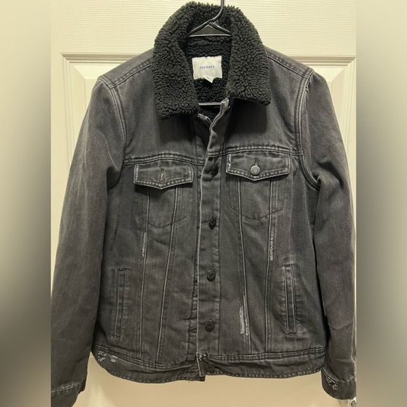 Old Navy Boyfriend Jean Jacket Black Denim Metal Button Sherpa Lined Women Sz M - Picture 3 of 9